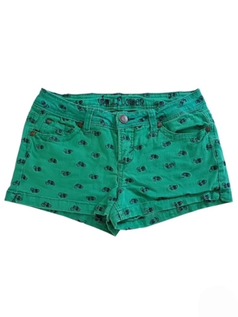 2332 * Wallflower Embroidered Bicycle Print Shorts Green Navy Blue Size 7